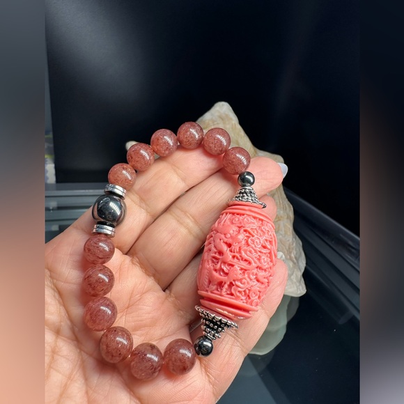 STRAWBERRY QUARTZ STONES + LUCKY DRAGON NATURAL BRACELET size 7” - Picture 12 of 14